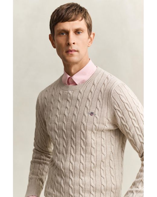 Gant Natural Cotton Cable Knit Crew Neck Sweater Oat Melange for men