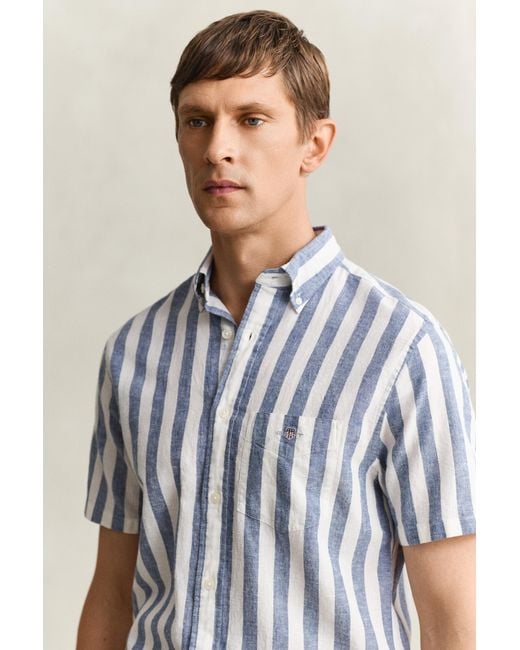 Gant White Striped Linen Blend Short Sleeve Shirt for men