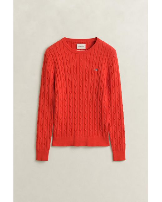 Gant Red Stretch Cotton Cable Knit Crew Neck Sweater