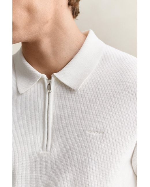 Gant White Ribbed Cotton Polo Sweater Eggshell for men