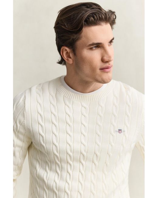 Gant White Cotton Cable Knit Crew Neck Sweater Cream for men