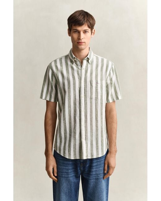 Gant Blue Striped Linen Blend Short Sleeve Shirt for men