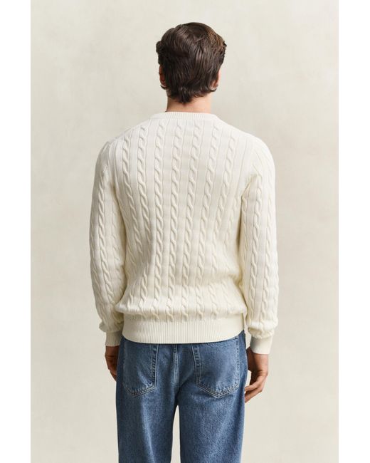 Gant White Cotton Cable Knit Crew Neck Sweater Cream for men