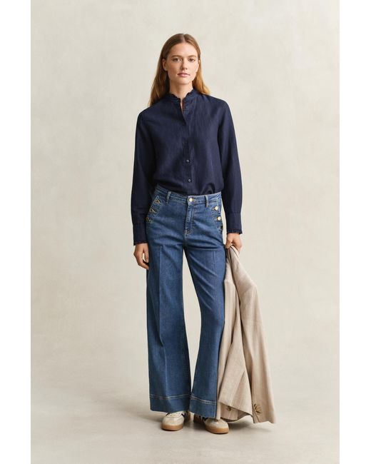 Gant Blue Frilly Linen Blend Blouse Evening