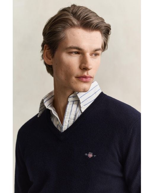 Gant Blue Lambswool V-Neck Sweater Marine for men