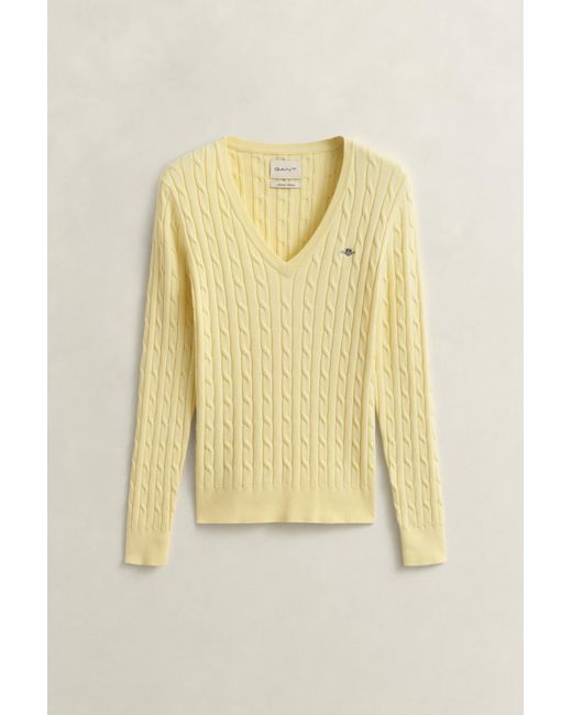 Gant Natural Stretch Cotton Cable Knit V-Neck Sweater