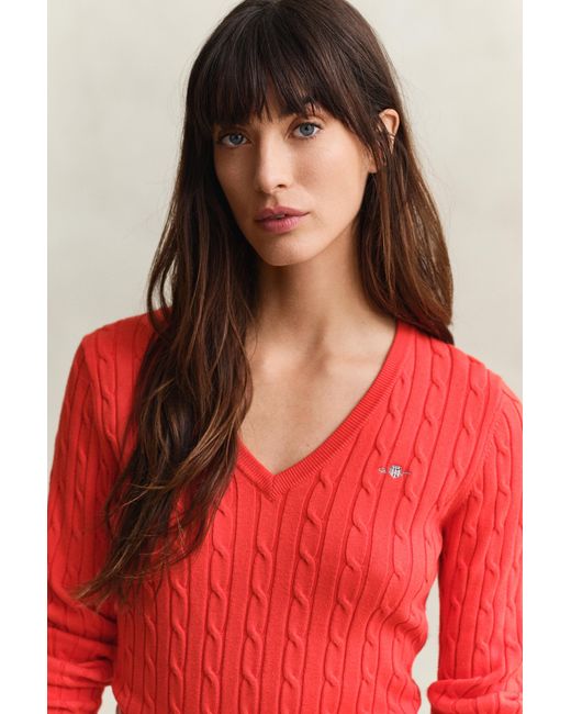 Gant Red Stretch Cotton Cable Knit V-Neck Sweater