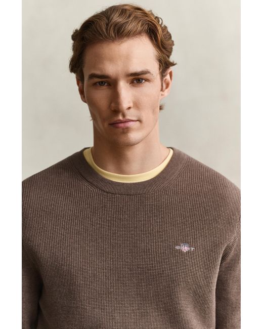 Gant Brown Textured Cotton Crew Neck Sweater for men