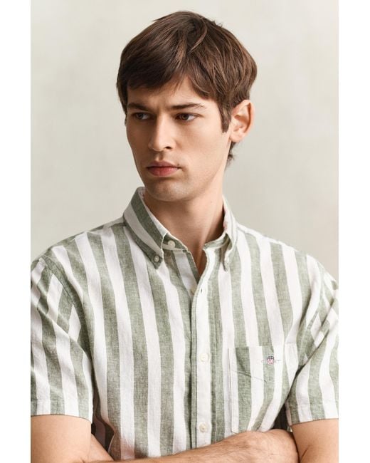 Gant Blue Striped Linen Blend Short Sleeve Shirt for men
