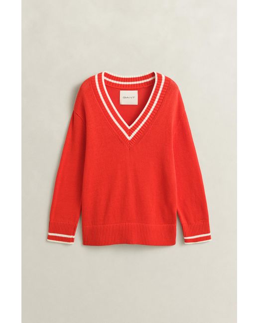 Gant Red Cotton V-Neck Sweater