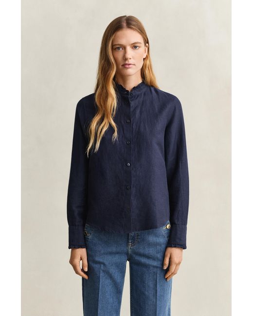Gant Blue Frilly Linen Blend Blouse Evening