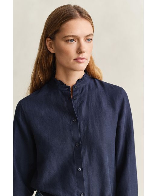 Gant Blue Frilly Linen Blend Blouse Evening