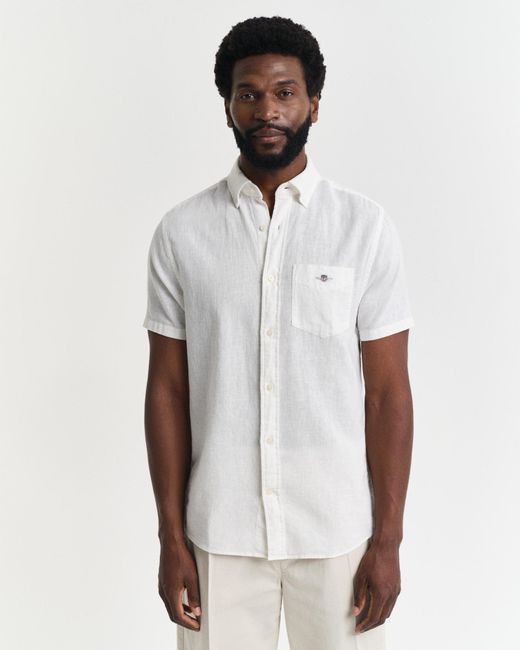 Gant White Regular Fit Cotton Linen Short Sleeve Shirt With Embroidered Shield for men