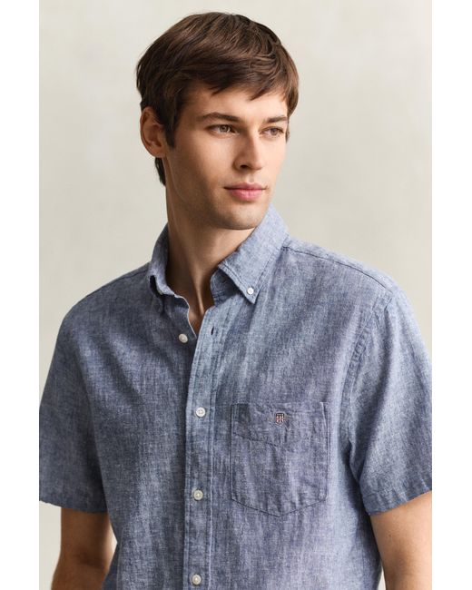 Gant Blue Linen Blend Short Sleeve Shirt for men