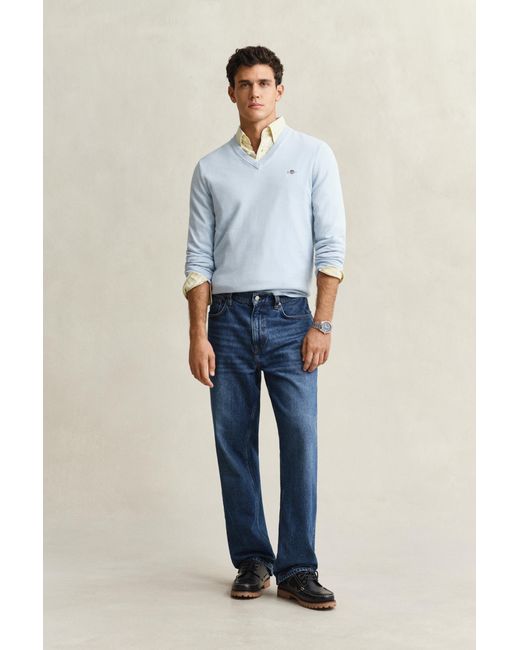 Gant Blue Classic Cotton V-Neck Sweater for men