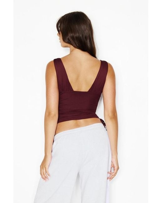 Garage Red Plunge Ruched Tie Mesh Top