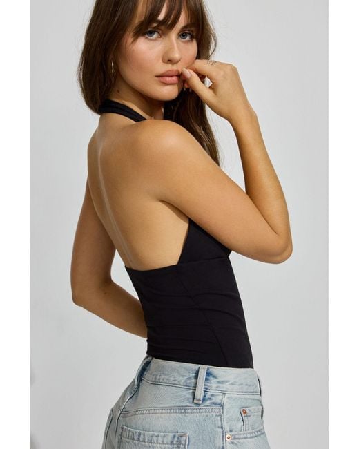 Garage Blue Sleek Plunge Halter Bodysuit