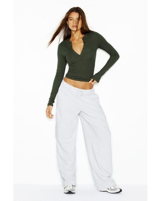 Garage Green Snatchrib Crewneck Henley Long Sleeve Top