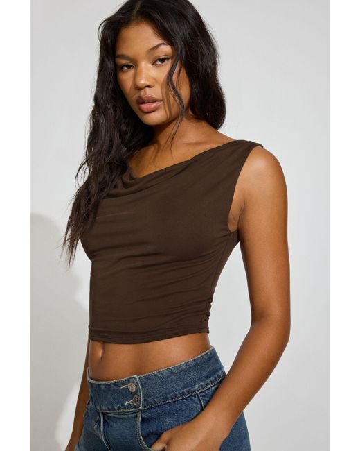 Garage Brown Draped Wide Boat Neck Top