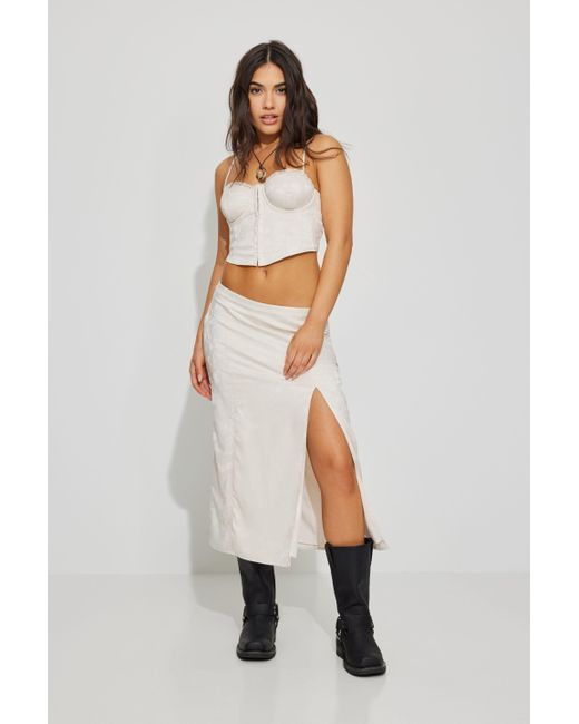 Garage White Satin High Slit Midi Skirt