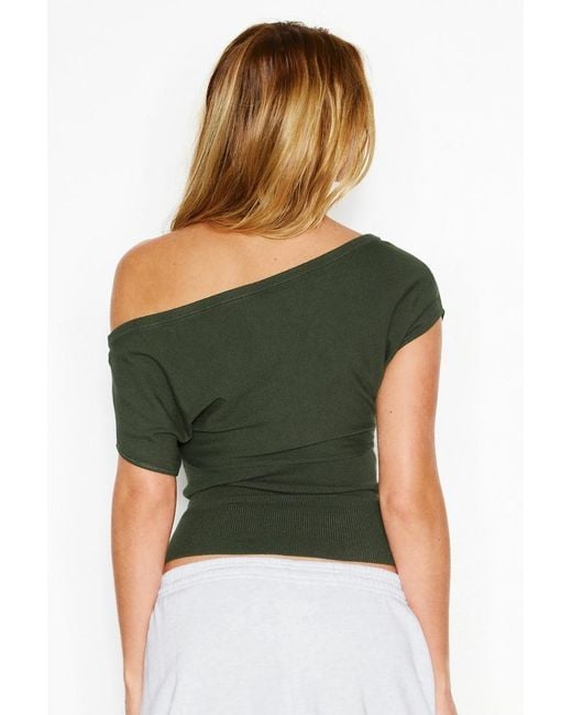 Garage Green Off Shoulder Short Sleeve Cinch Waist Top