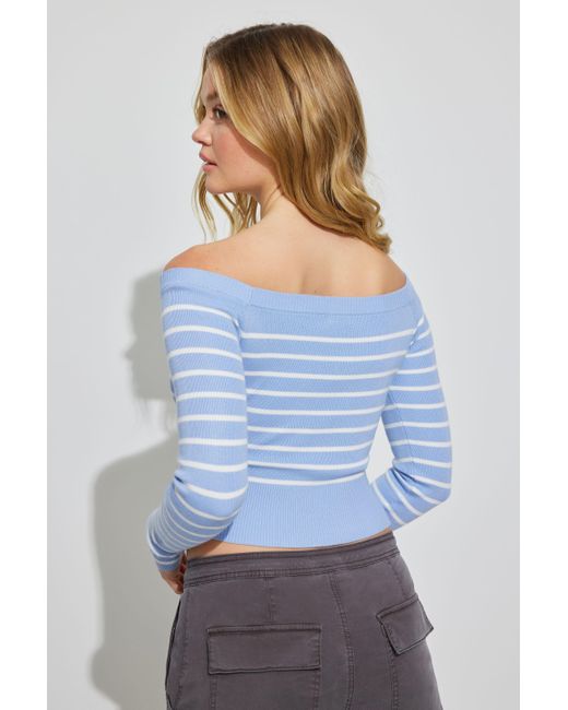 Garage Blue Off Shoulder Long Sleeve Top