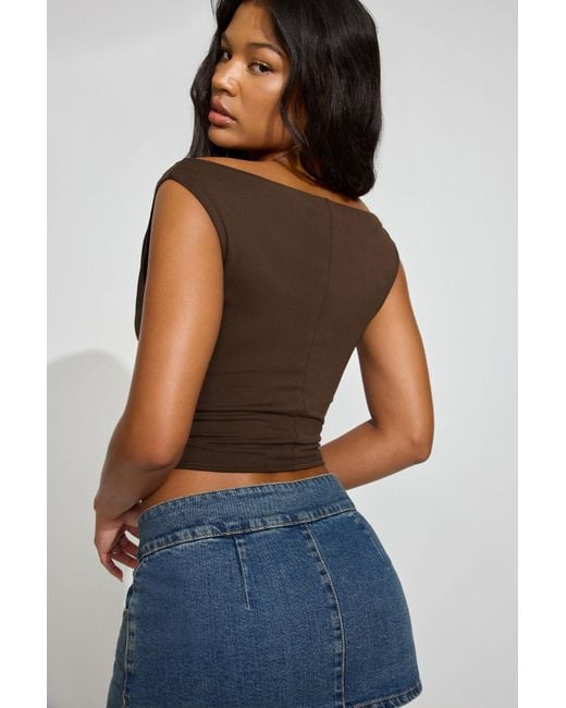 Garage Brown Draped Wide Boat Neck Top