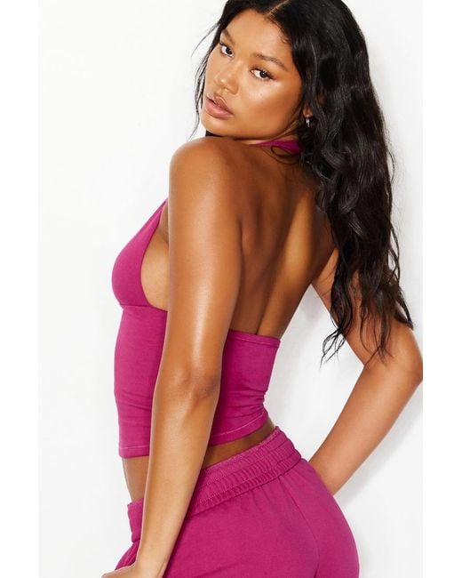 Garage Red Stretchterry Plunge Halter Top