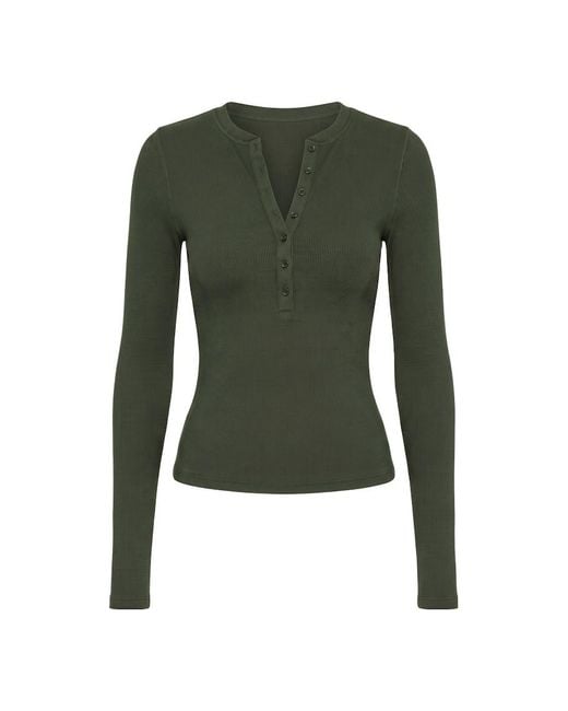 Garage Green Snatchrib Crewneck Henley Long Sleeve Top