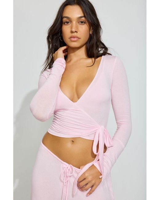 Garage White Sheer Ribbed Wrap Long Sleeve Top
