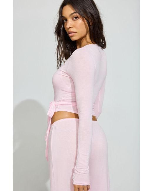 Garage White Sheer Ribbed Wrap Long Sleeve Top