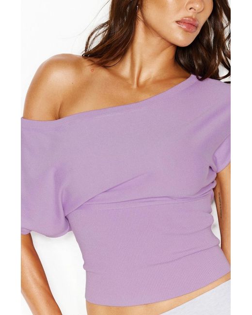 Garage Purple Off Shoulder Short Sleeve Cinch Waist Top