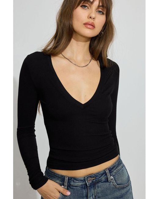 Garage Black Ribbed Deep V Neck Long Sleeve Top