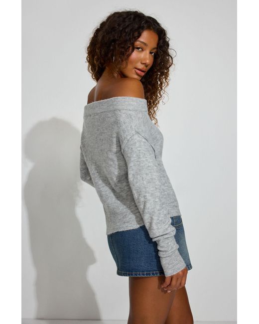 Garage Gray Long Sleeve Off Shoulder Bubble Sweater