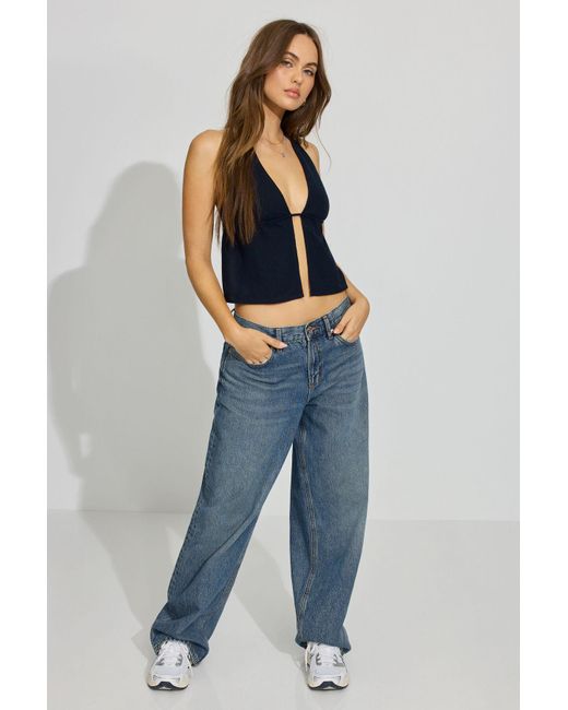Garage Blue Linen Tie Back Halter Top