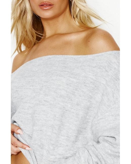 Garage White Long Sleeve Spongy Relaxed Off Shoulder Sweater