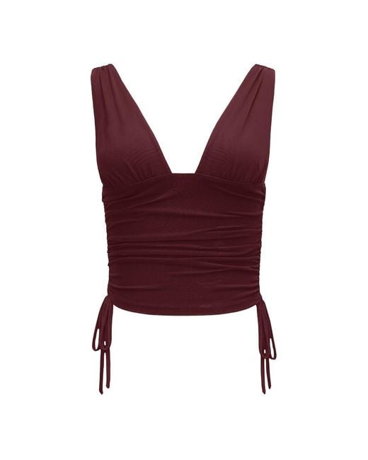Garage Red Plunge Ruched Tie Mesh Top
