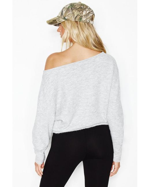 Garage White Long Sleeve Spongy Relaxed Off Shoulder Sweater