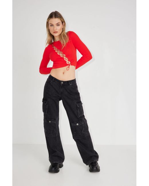 Garage Red Diagonal Lace-up Long Sleeve Top