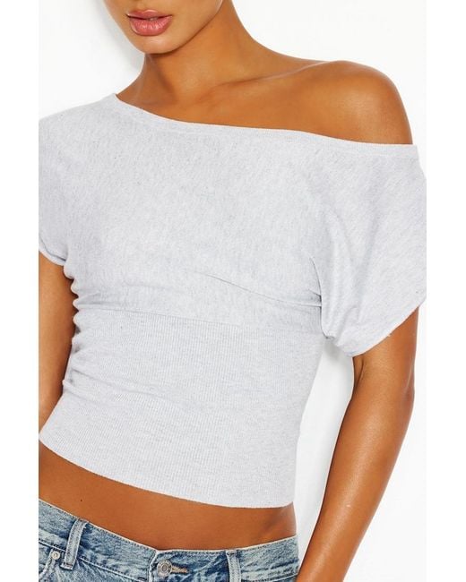Garage White Off Shoulder Short Sleeve Cinch Waist Top