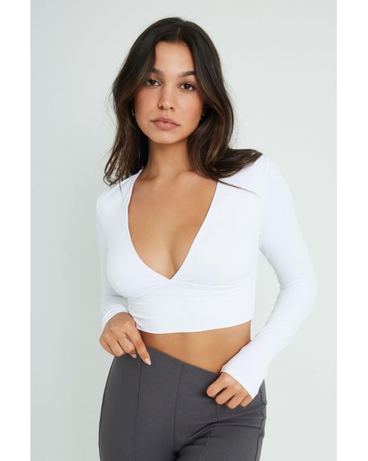 Garage Synthetic Long Sleeve Plunge Top in Bright White (White) Lyst