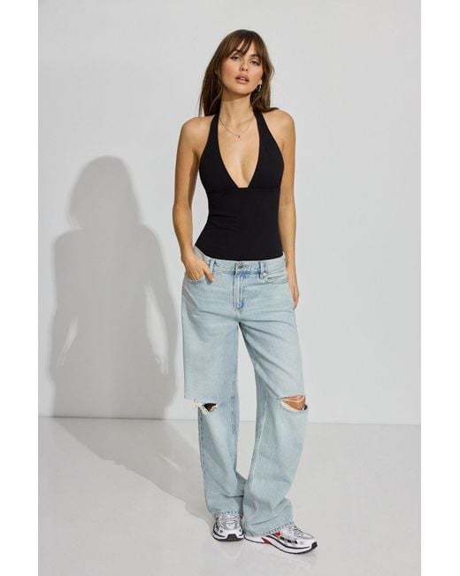 Garage Blue Sleek Plunge Halter Bodysuit