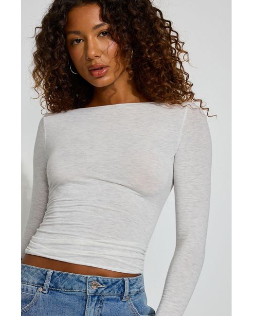 Garage White Cozy Boat Neck Long Sleeve Top