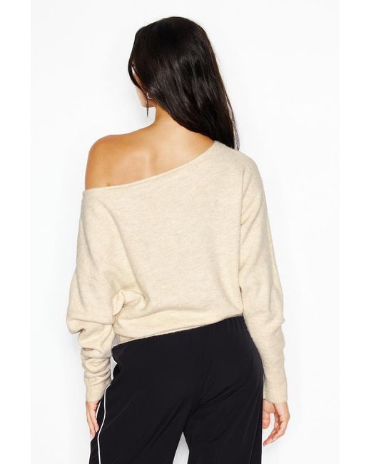 Garage White Long Sleeve Spongy Relaxed Off Shoulder Sweater