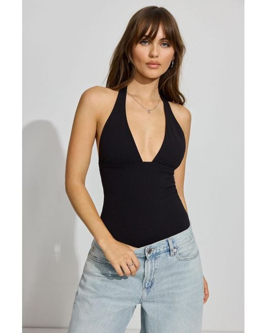 Garage Blue Sleek Plunge Halter Bodysuit