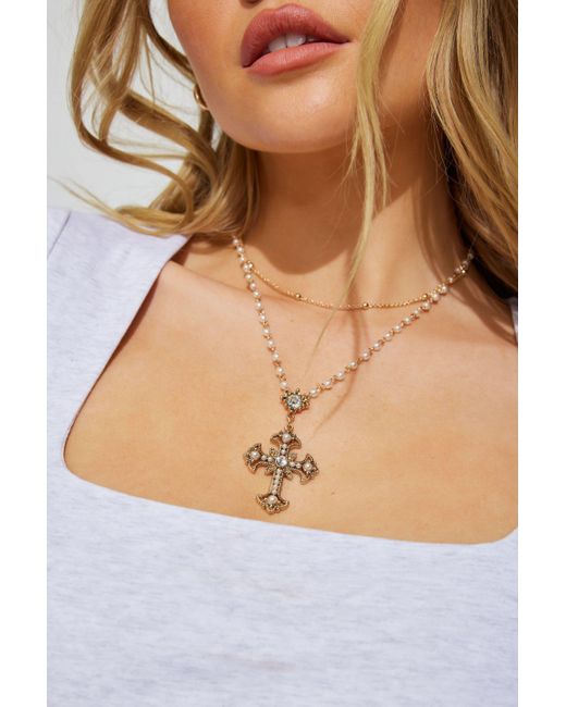 Garage Brown Set Of 2 Pearl & Cross Rosary Necklace