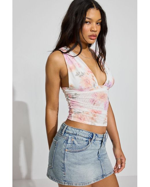 Garage Multicolor Plunge Ruched Mesh Top