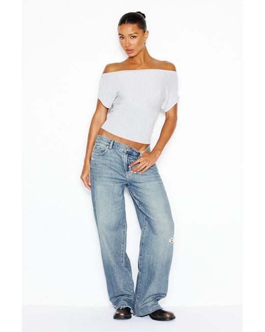 Garage White Off Shoulder Short Sleeve Cinch Waist Top