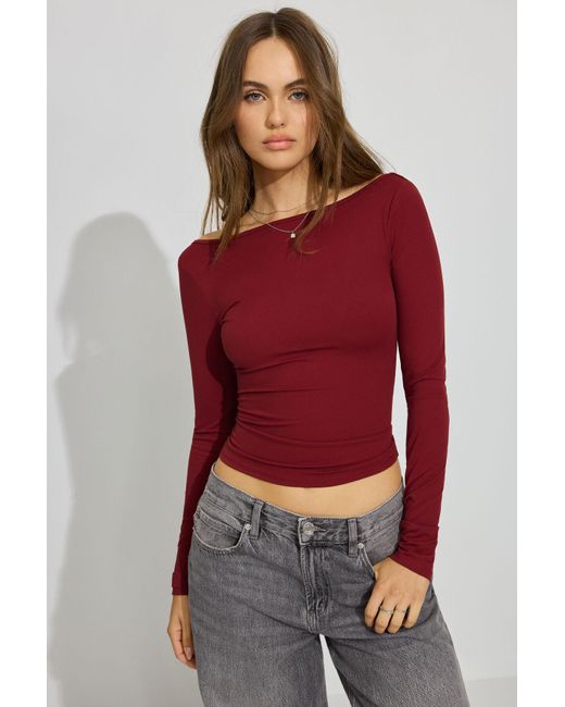 Garage Red Sleek Boat Neck Long Sleeve Top