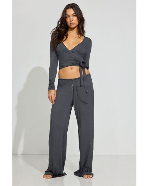 Garage Gray Sheer Ribbed Wrap Long Sleeve Top
